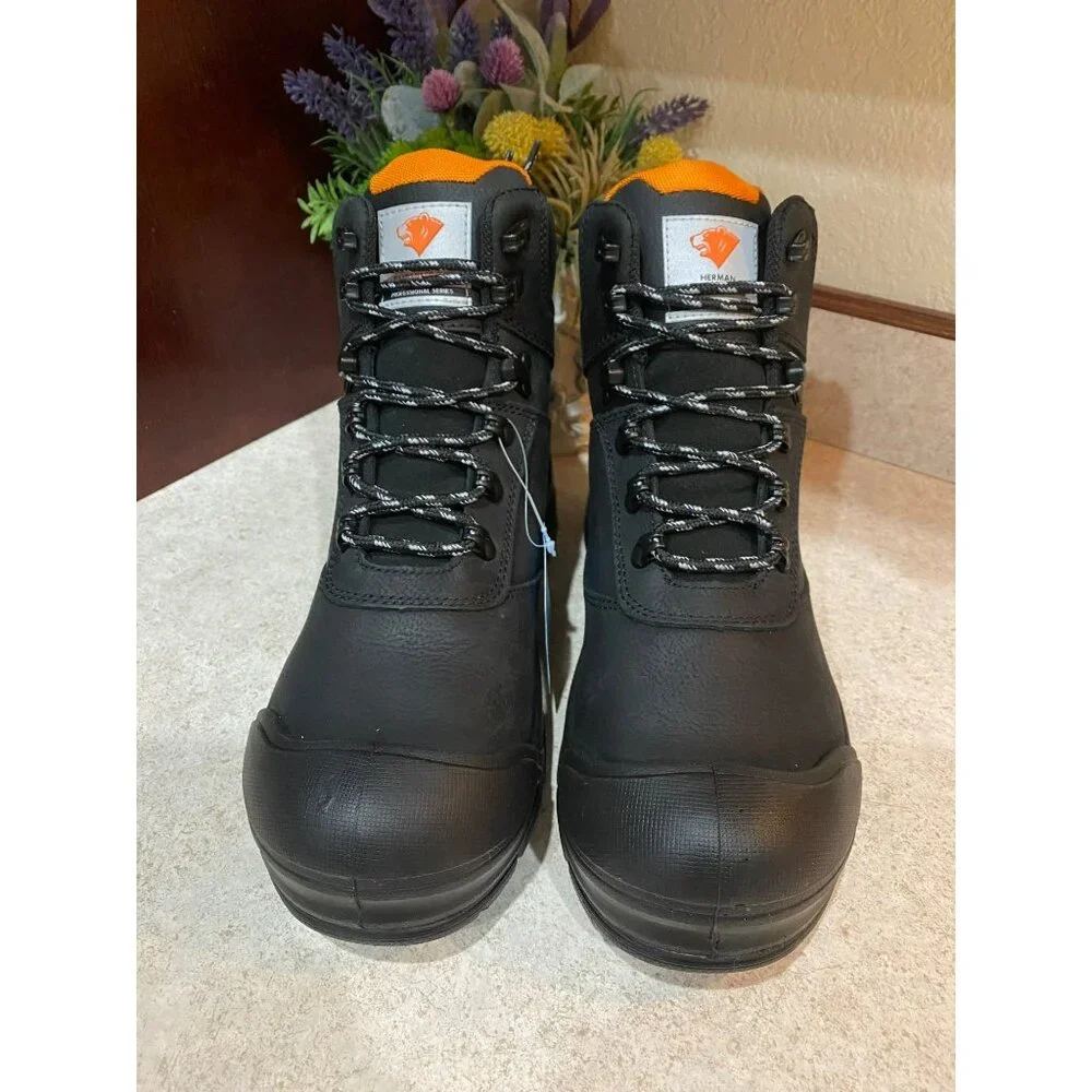 Herman Survivors Mens Waterproof Work Boots Size 7.5 Black Leather Slip-Resistan